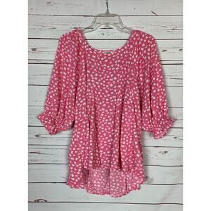 Umgee USA Boutique Women's M Medium Pink white Puff Sleeve Babydoll Top Blouse